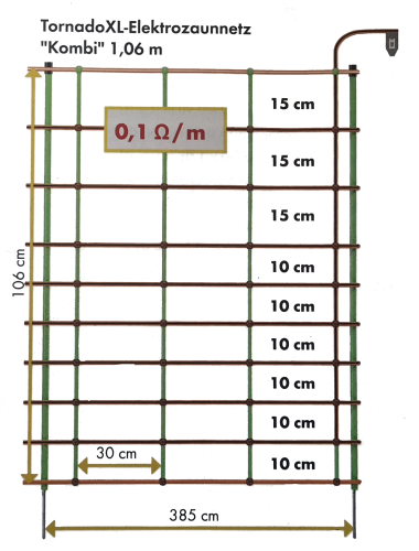 Tornado XL Elektrozaunnetz Kombi, Einzelspitze 1,05 m, 50 m